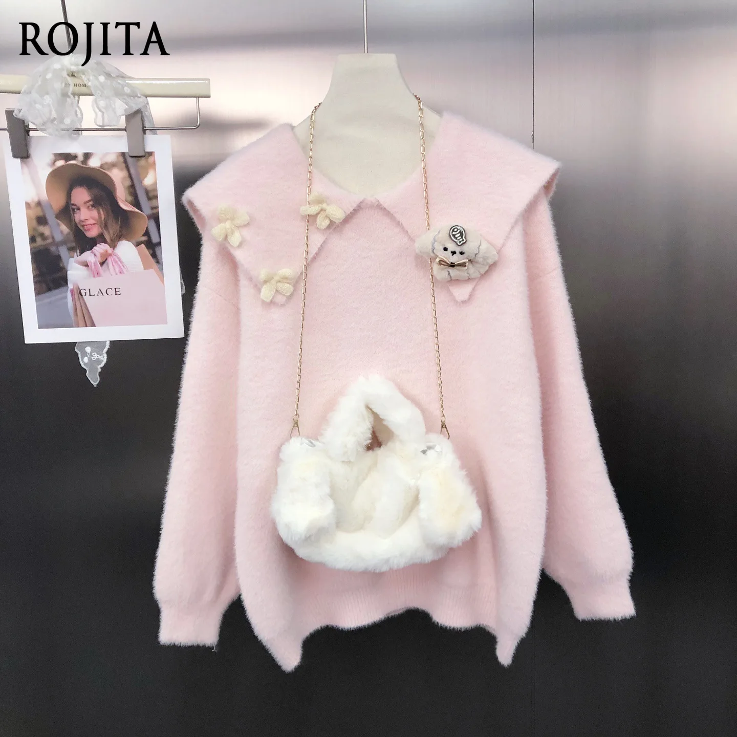 

Sweet Temperament Japanese Style Age-Reducing Cute Cartoon Doll Collar Fashion Simple Pullover Knitted Sweater with Bag