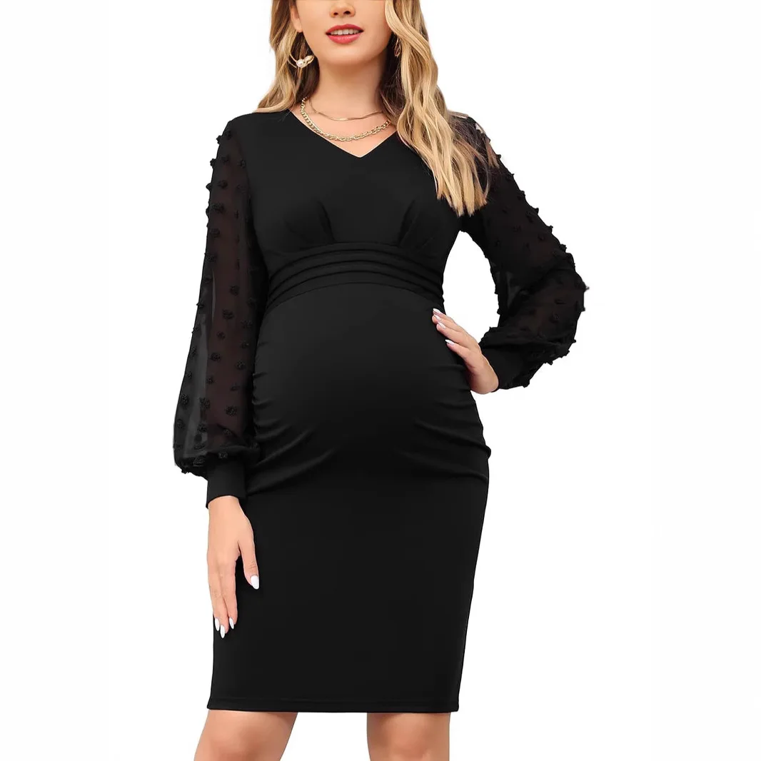 Jurk voor zwangere vrouwen Zwangerschapskleding V-hals Gesplitst Lange mouwen Zwangerschapsjurken Taille Geplooide Zwangerschapskleding