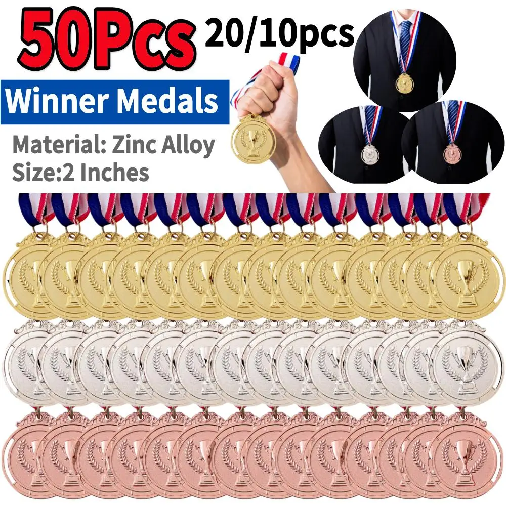 10-50pcs 2 Inches Gold Silver Bronze Award Medal with Neck Ribbon 1st 2nd 3rd Prize Medal Round for Competitions Party