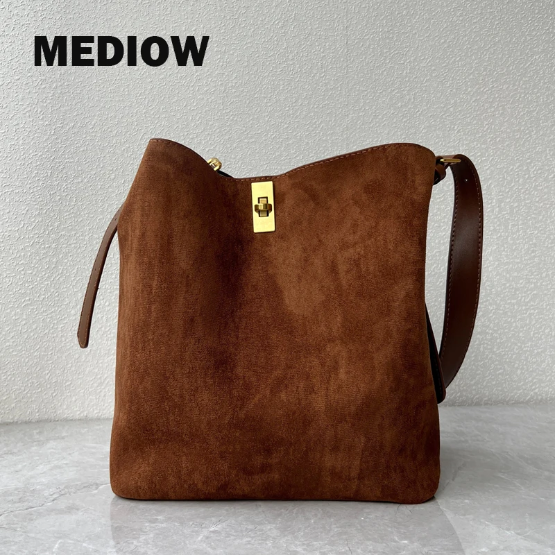 MEDIOW Korean Faux Suede Tote Bags For Women Luxury Designer Handbag Purses 2024 New In Lock With Inner Pocket Underarm Shoulder