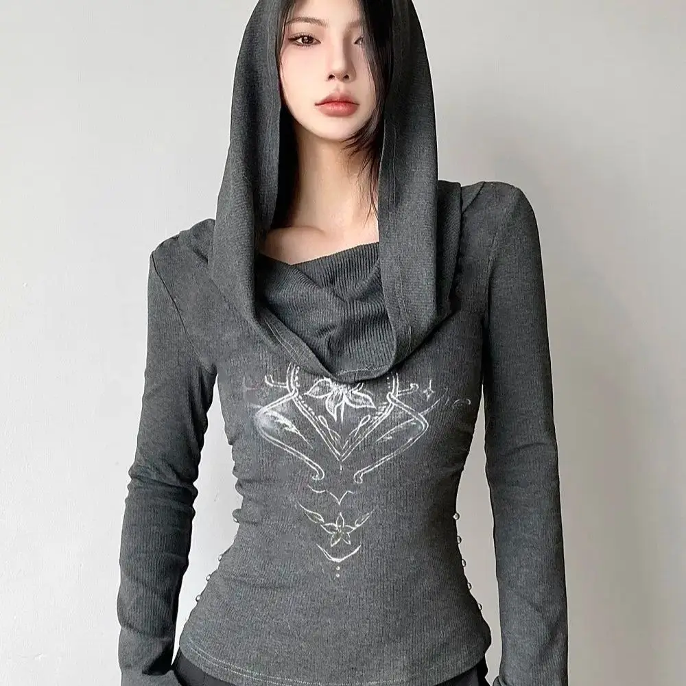 

Versatile T-Shirt Long Sleeve Hooded Top Sexy Off Shoulder Bell Sleeve Studded Cropped Top Women Fashion Ruffle