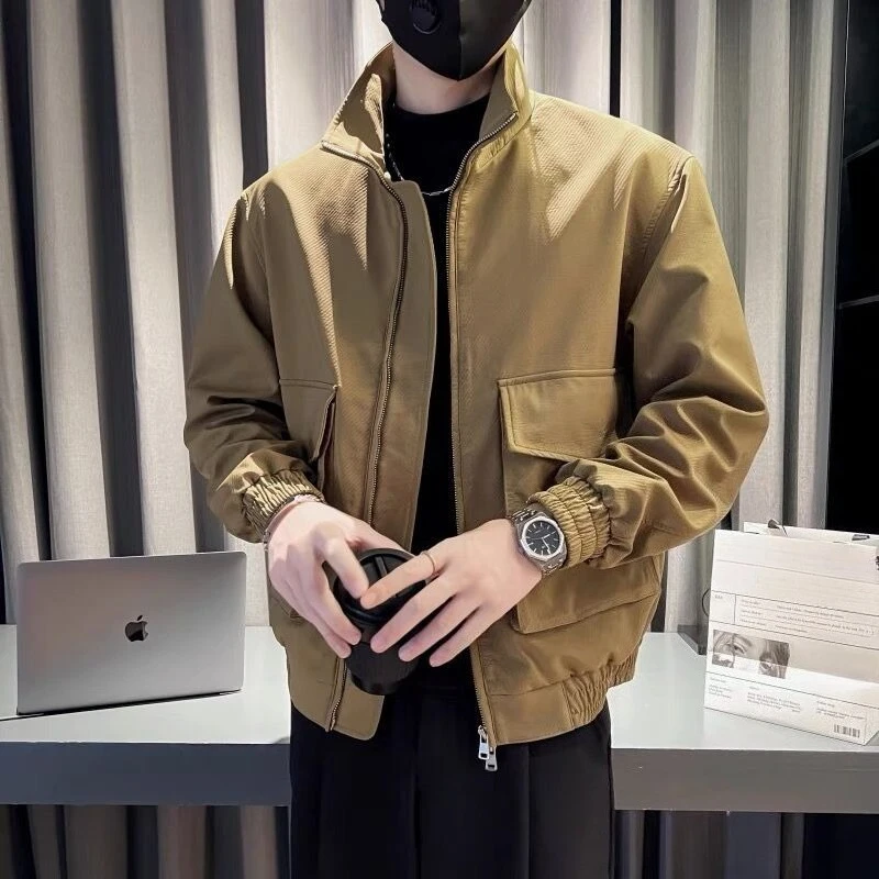 

Новинка 2023 года, весенне-осенняя мужская модная однотонная повседневная куртка, приталенная рабочая одежда с воротником-стойкой, стильная верхняя одежда