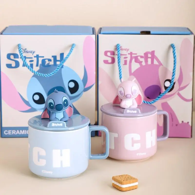 

Керамическая чашка Miniso Stitch с мультяшным принтом, креативная кружка с крышкой, индивидуальный дизайн, чашки для молока, кофе, подарок на день рождения для друга