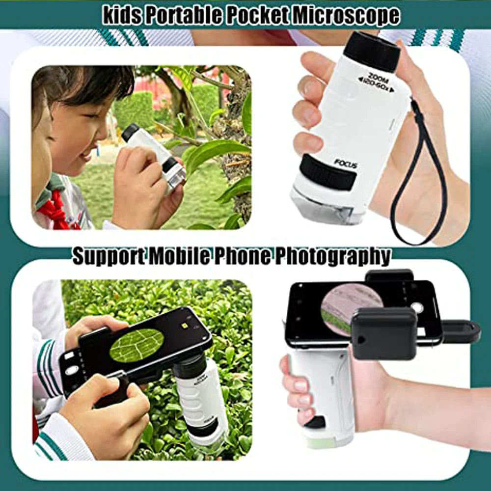 Pocket Microscope 60-120X Kids Science Toy Mini Handheld Microscopio Kit with LED Light for Children Biological Education