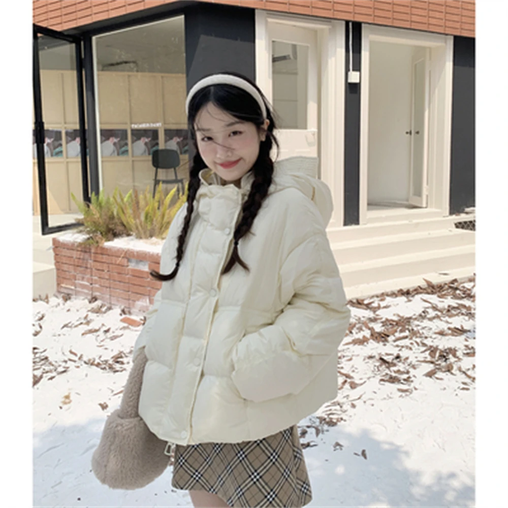 Short Down Coat for Women, Warm Hooded Coat, Loose and Thickened Design, Korean Academy Style, Winter Wear, New, 2023