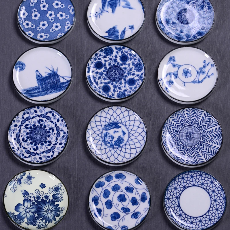 1pc Chinese Style Ceramic Tea Ceremony Cup Mats Vintage Underglaze Blue And White Porcelain Teacup Pad Kung Fu Tea Set Coasters