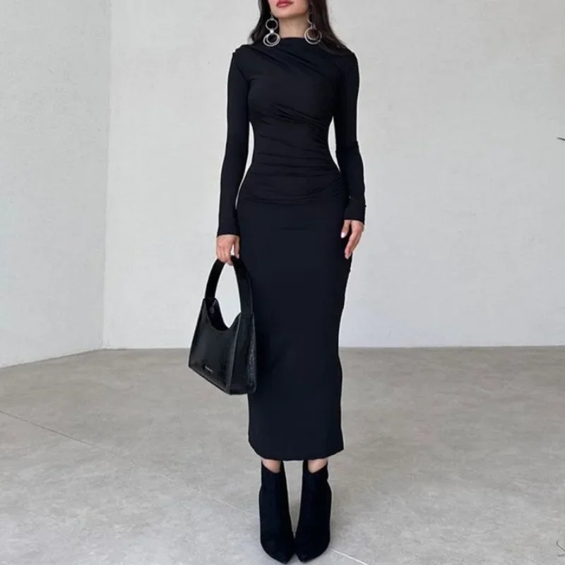 2024 Autumn Fashion Figure-flattering Solid Color Debutante Style Long Pattern Hip Wrap Dress Long Sleeve Dress for Women