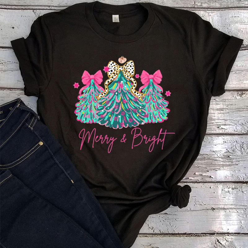 Merry Christmas Shirt Merry & Bright Christmas Tree T-Shirt Pink Holiday Festival Tee Aesthetic Top
