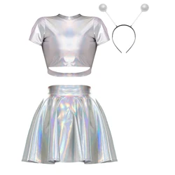 Womens Space Astronaut Cosplay Costume Metallic Shiny Sleeveless Crop Tank Top with Skirt Alien Hair Hoop Theme Party Clubwear