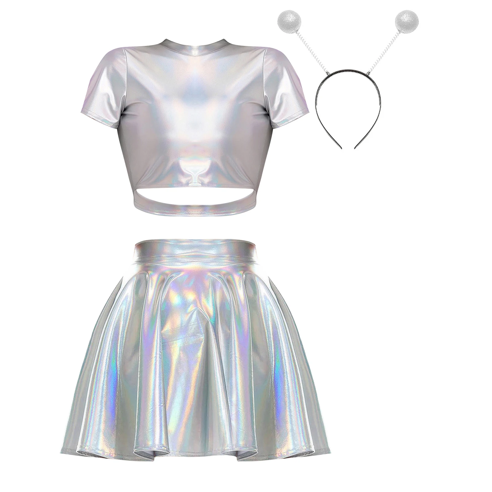 Womens Space Astronaut Cosplay Costume Metallic Shiny Sleeveless Crop Tank Top with Skirt Alien Hair Hoop Theme Party Clubwear