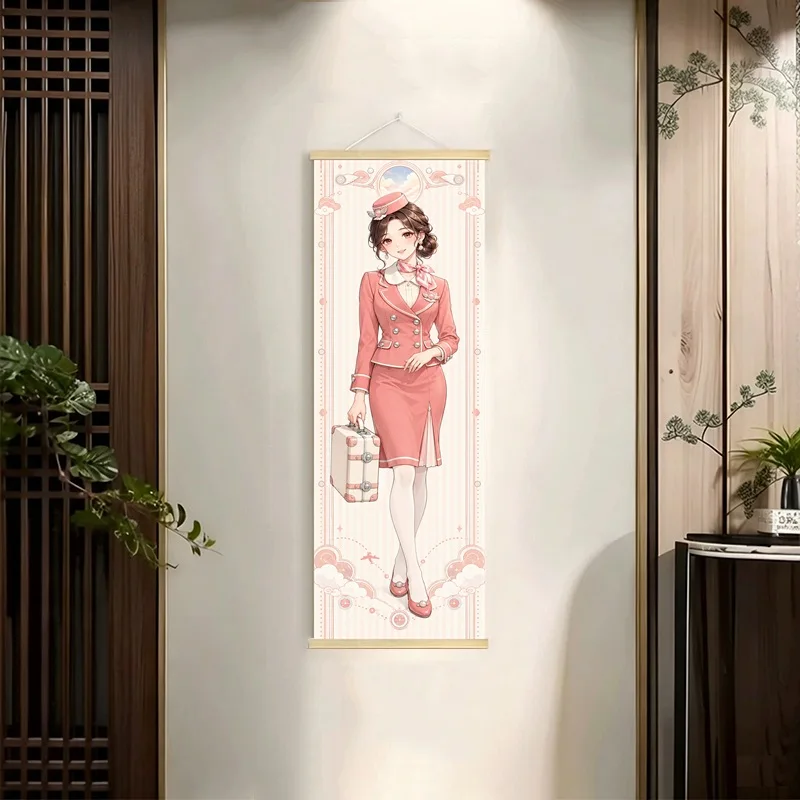 Anime Women in Navy, Violet, Pink and Cream Outfits Hanging Scroll with Delicate Floral Illustration for a Reading Nook
