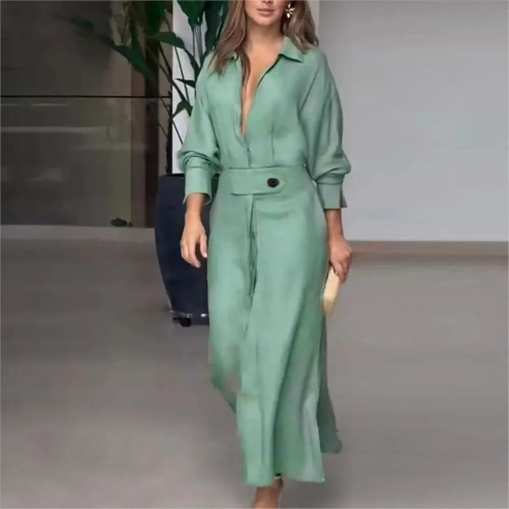 Fashion Dress For Women Luxury Elegant Solid Evening Dresses 2024 Spring New Party Slit Chic A-line Long Sleeve Shirt Dress Robe