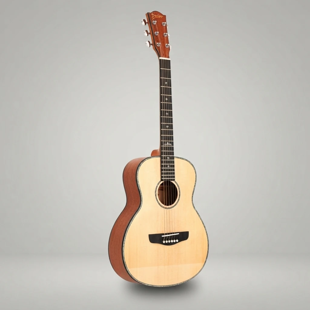 Acoustic Guitar 6 String Light Top Dark Back Sides Cross Inlay Chrome Tuners Bridge White Pins Glossy Body No Cutaway Finish