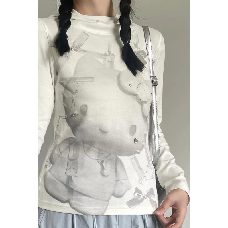 Damska koszulka z kapturem Sanrio Hello Kitty, odzież gotycka, topy streetwearowe, Y2k, dopasowane koszulki, dark academia, bawełniana dopasowana bluzka