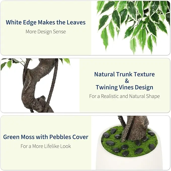 Artificial Ficus Tree, Lifelike Fake Ficus Plant with White Imitation Ceramic Planter, Natural Moss & Pebbles Decor, Stable Potted Faux Tree for Indoor Outdoor Home Office Bedroom Balcony - view 3