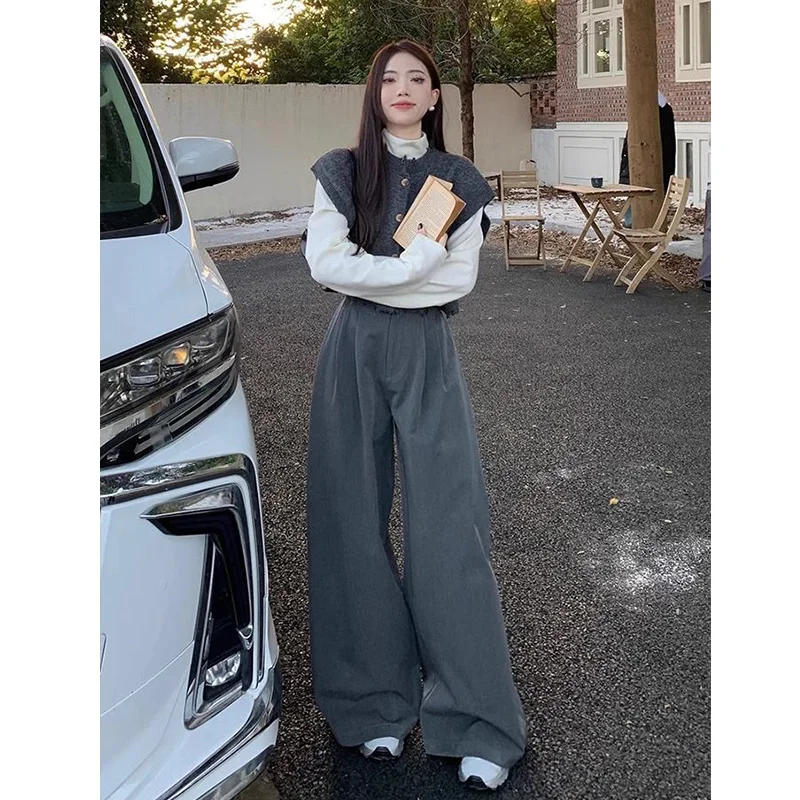 Spring and Autumn 2024 New Product Leisure Fashion Hong Kong Style High Grade Vest Top Wide Leg Pants Three Piece Set