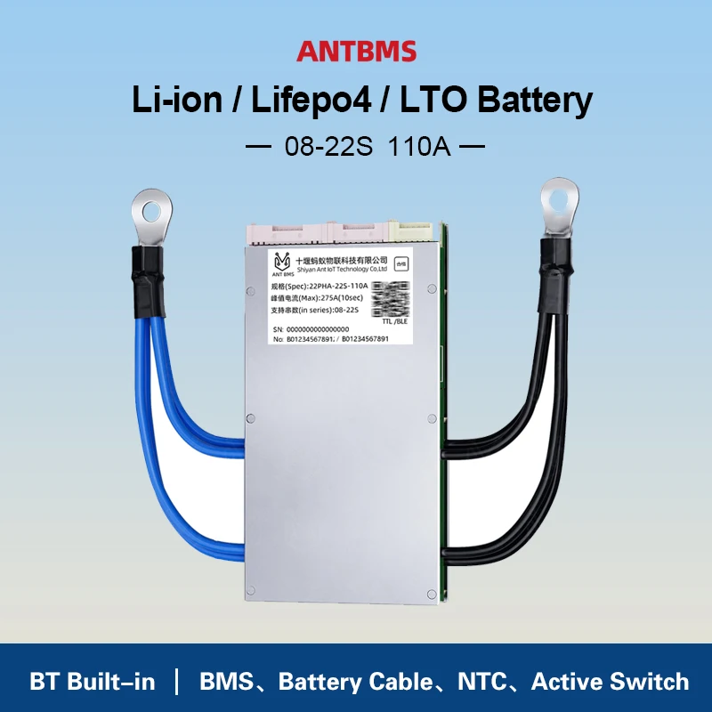 

ANT Smart BMS 8S-22S 9S 10S 11S 12S 13S 14S 15S Continuous 110A Peak 275A 24V 36V 48V 60V smart Balance BT App Lifepo4 Li-ion