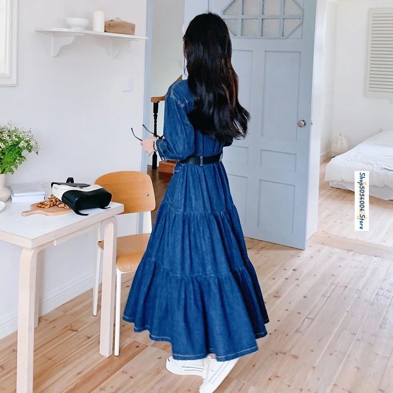 Fashion Spliced Multi Pocket Blue Denim Dress for Women 2024 Fall Elegant French Style Long Sleeve Slim A-line Maxi Dresses 2015