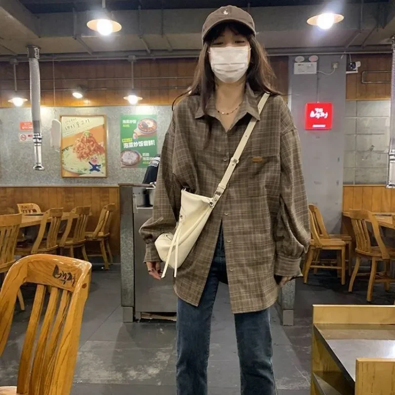 Vintage Casual Oversized Women Shirt Plaid Korean Style Basic Cozy Blouse Preppy Long Sleeve Clothing Harajuku 2024 Autumn