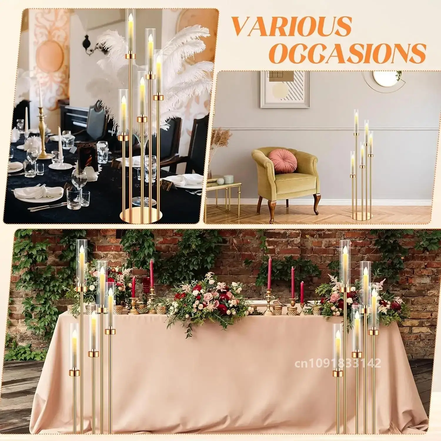 2/4/5/10 Pcs Floor Candelabra 5 Arm Gold Candle Holder, Candelabra Centerpieces for Tables Metal Candlestick Set for Wedding