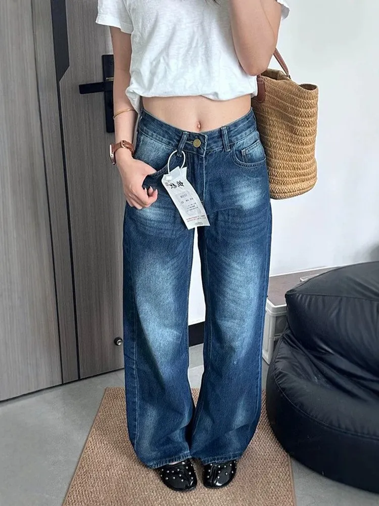 Low Waist Wide Leg American Retro Blue Denim Jeans Women's Loose Slimming Straight Cut Trousers Fall New Style Hot Girl