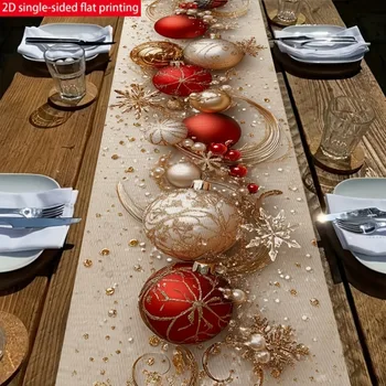Christmas Holiday Table Runner with Red and Gold Ornaments 1