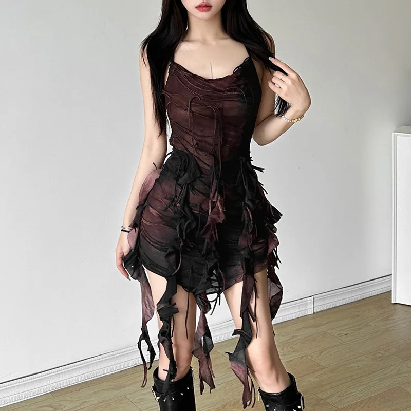 

2026 New Summer Women's Wasteland Style Vintage Washed Tie Dye Dress Irregular Hem Slim Fit Bodycon Dress For Streetwear Daily