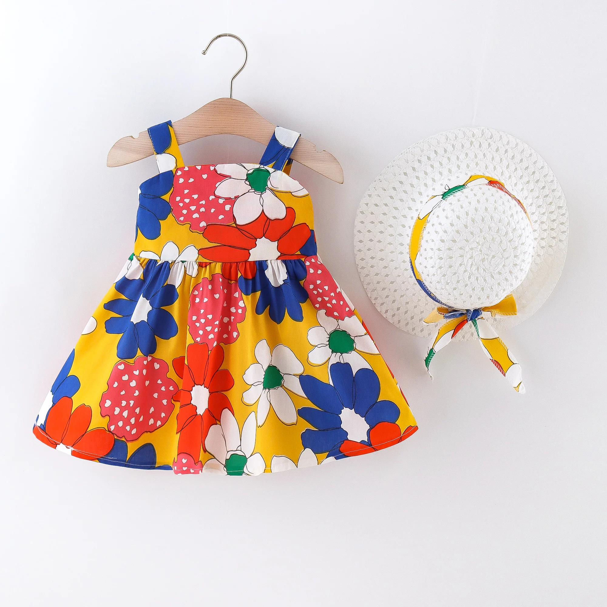 Summer dress and hat two-piece set for girls with irregular flowers big bow cute and stylish suspender dress