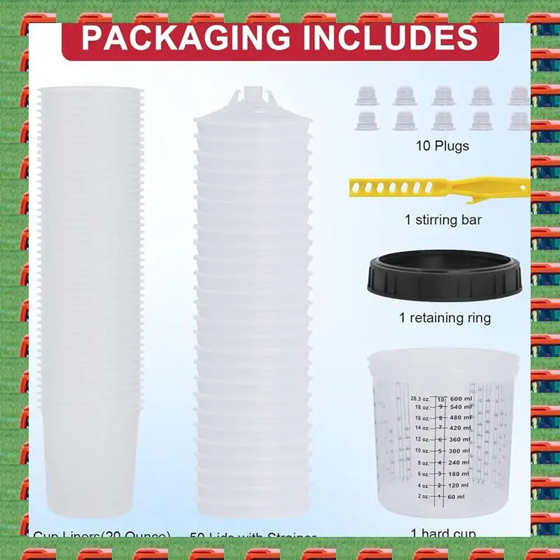 

ABMO Paint Spray Cup, 50 Cup Liners (20 Oz), 50 Lids With Filters, 10 Plugs, 1 Hard Cup, 1 Retaining Ring, 1 Stirring Stick