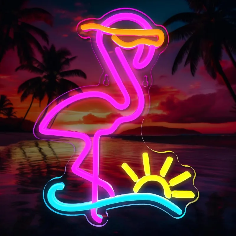 

Dimmable Pink Flamingo Cocktail Neon Sign for Wall Decoration Tropical LED Bedroom Bar Party Summer Beer Beach Party Decoration