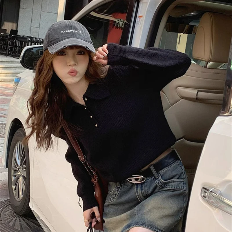 2026 Chic Turn Down Collar Knitted Sweaters Women Button Up Solid Color Sweater Pullovers Woman Korean Long Sleeve Jumpers Mujer