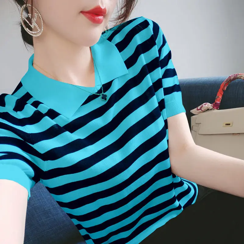 Fashion Lapel Printed Striped Oversized Knitted Shirt 2022 Summer New Commute Pullovers Loose Casual Women\'s Clothing Blouse