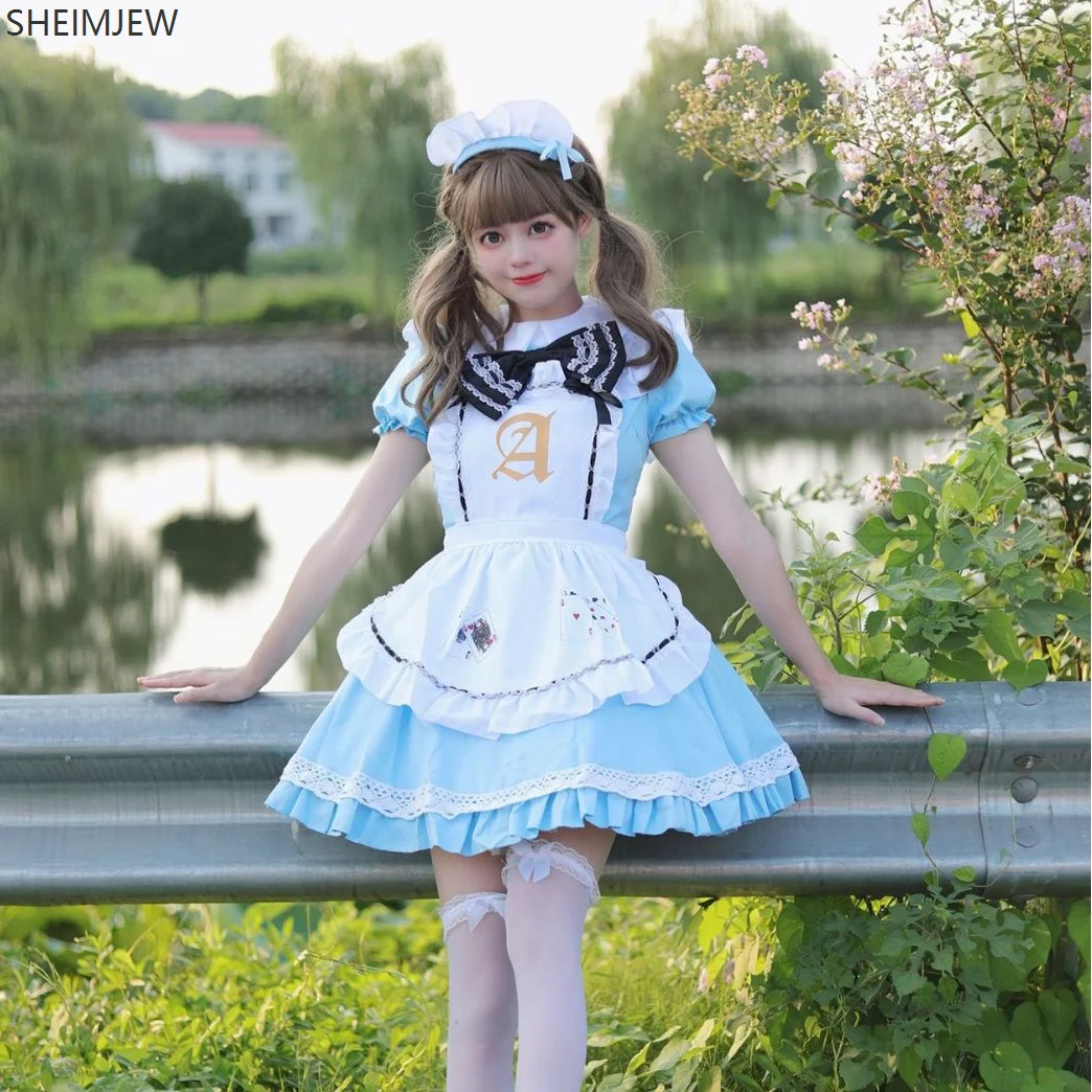 

Cute Blue Alice Playing Cards Lolita Maid Costume Sweet Girl Role Play Costume Japanese Cute Maid Uniform Party Stage Costume