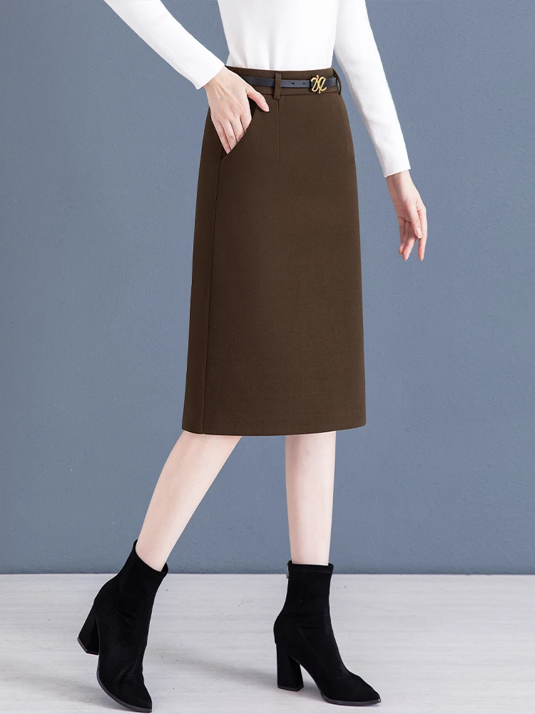 High Waist Tweed  Skirt Women's Straight Cut One Step Skirt Slimming Wrap around Skirt Casual Style Zipper Pocket Detail