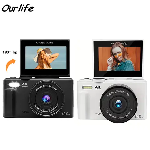 4K 18배 디지털 줌 컴팩트 카메라 – 빈티지 비디오 레코더 & YouTube용 WiFi 웹캠, 64MP, 180도 회전 스크린