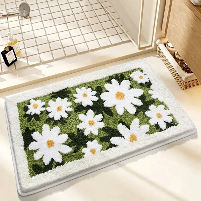 VIKAMA Alfombra absorbente para baño con diseño de margaritas frescas, suave y afelpada, antideslizante y duradera, crea un espacio acogedor en el baño