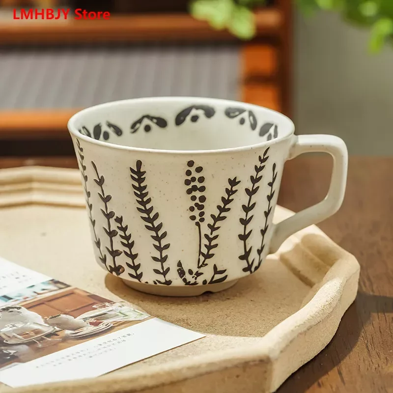 LMHBJY Simple Nordic Ceramic Hand-painted Plant Mugs, Pastoral Creativity, Personalized Water Cups, Rough Pottery Coffee Cups