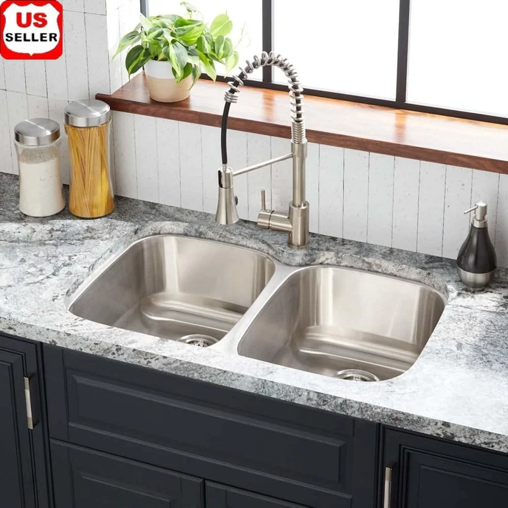 

33 Inch Stainless Steel Kitchen Sink Double Basin Drop In Undermount 50/50 Durable Sound Absorption Pads Condensation Prevention