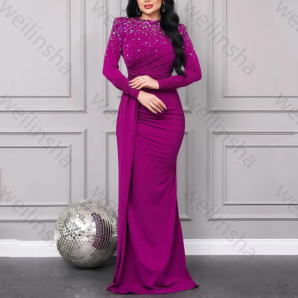 

Luxury O-Neck Long Sleeves Evening Dresses Sexy Mermaid Celebrity Dress Exquisite High Quality Prom Party Gowns Women Customized