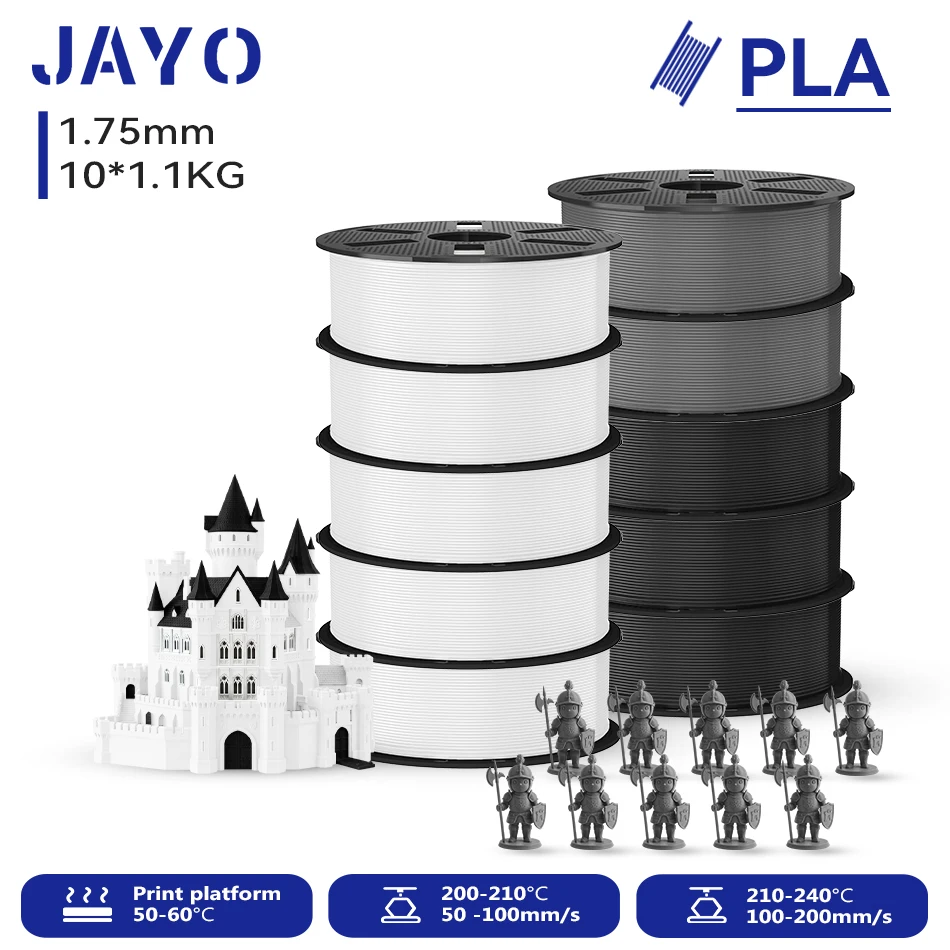 JAYO 10 Rollen 3D PLA Druckerfilament 1,75mm, ungiftig & blasenfrei, PLA-Kunststoff als 3D-Druckfilament für 99% der 3D-FDM-Drucker & -Stifte, 1,1KG/Rolle
