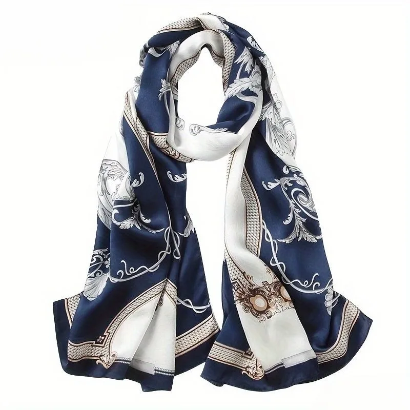 

100% Mulberry Silk Long Scarf for Women Oblong Shawls for Headscarf Neck- Oblong Hair Wraps Gift Packed Dark Blue Baroque Print