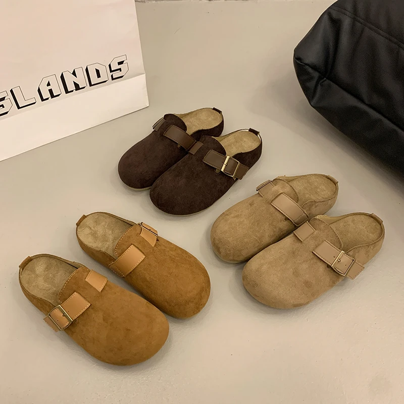 Slip On Mule Flat - Damen-Clogs mit runder Zehenpartie aus Wildleder,