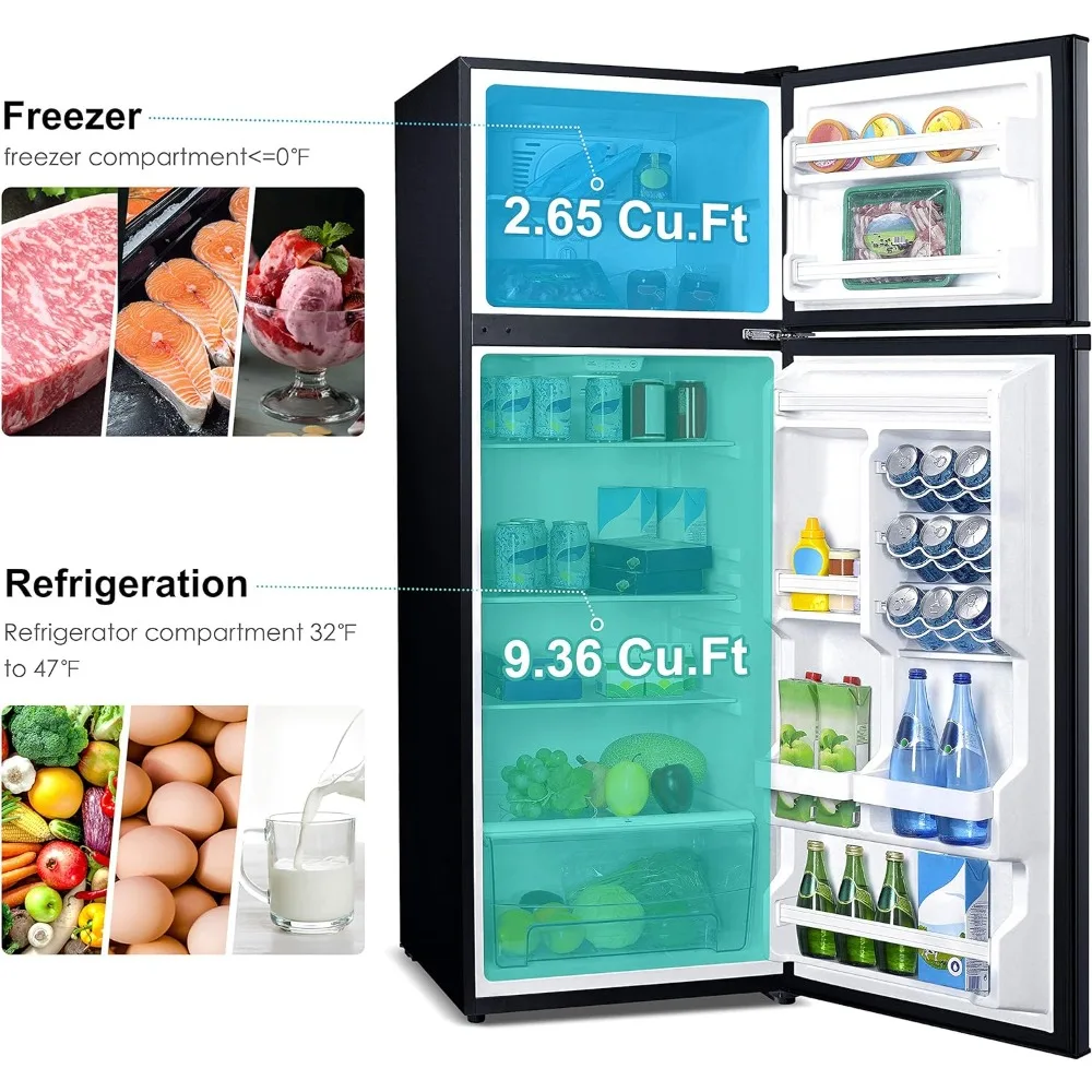 Nevera de doble puerta, Control de termostato eléctrico ajustable con compartimento para congelador de montaje superior, 12,0 pies cúbicos, acero inoxidable