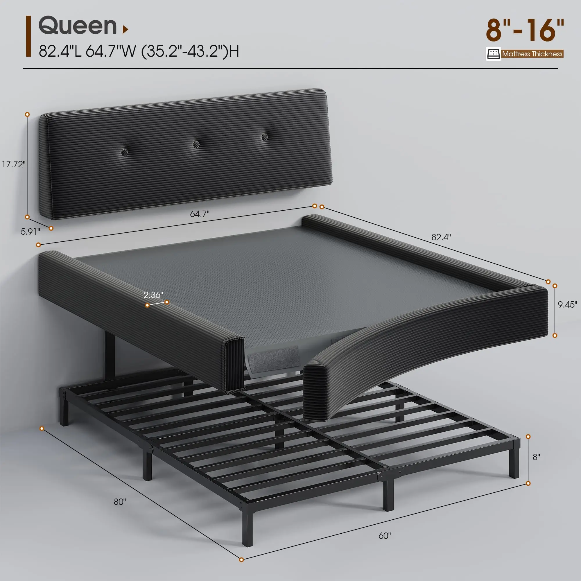 Cloud Bed Frame Queen Size with Adjustable Headboard