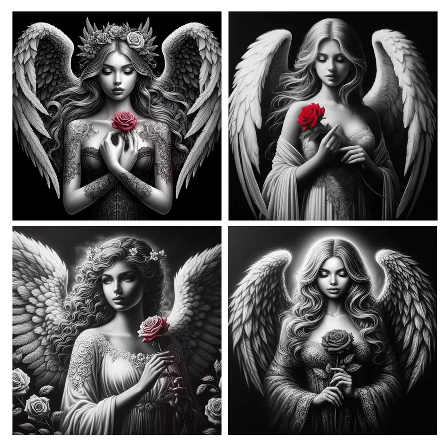 Fullcang Diy Diamond Painting New Collection 2024 Black White Angel Girl Full Rhinestone Art Red Rose Mosaic Embroidery Picture