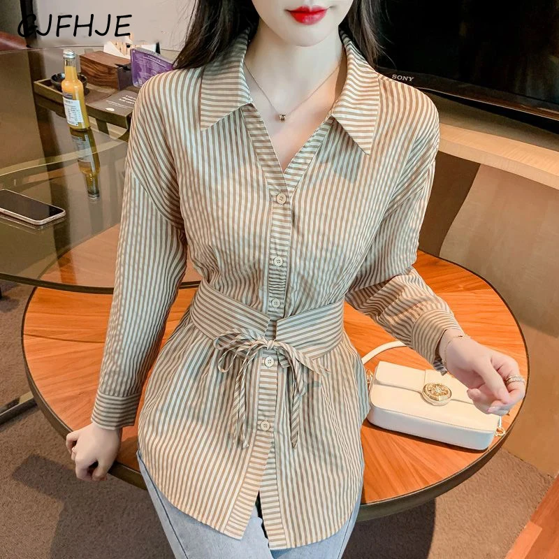 

CJFHJE Women Korean Fashion Striped Lace Up Button Shirts Casual Long Sleeve Slim Fit Blouses Elegant Chic Tops Blusa Mujer Moda