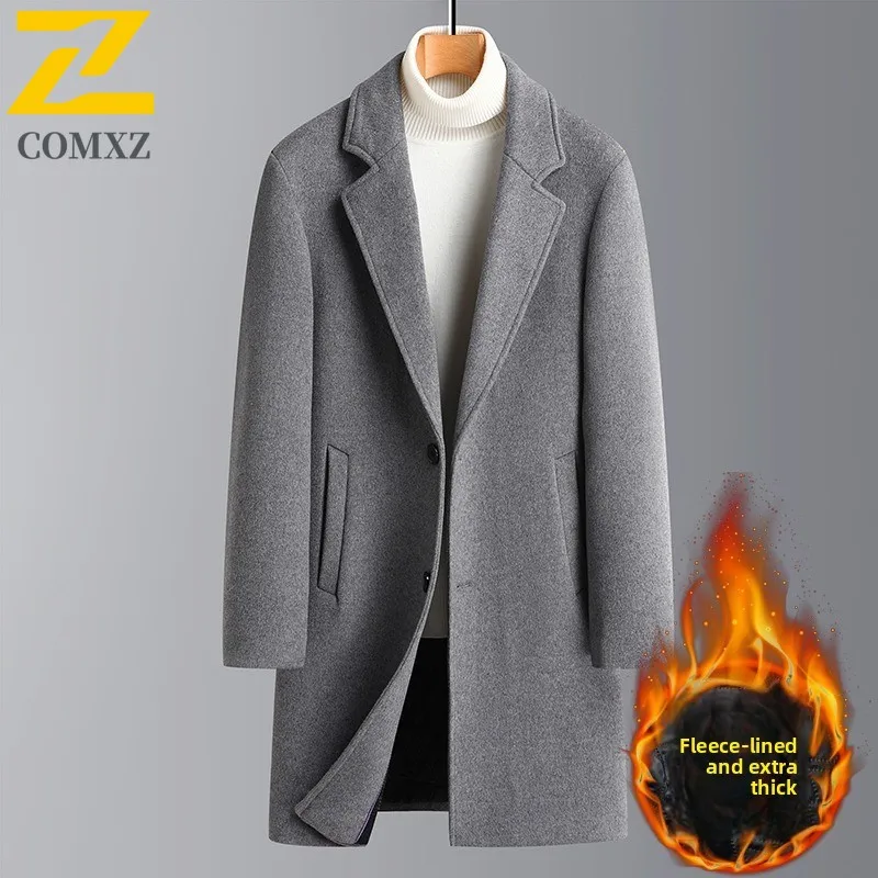 COMXZ Wool Overcoat Men Winter Cotton Padded Thick Woolen Fashion Business Casual Solid Color Trench Coat Waterproof Windproof