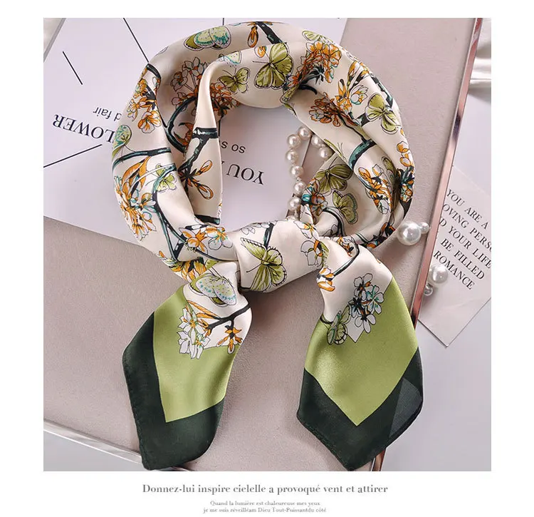 Luxus Apricot Print 70*70cm Seide Quadrat Schal Frauen Weiche Satin Haarband Halstuch Krawatte Weibliche Stirnband Foulard Tasche band Geschenk – Detail 7
