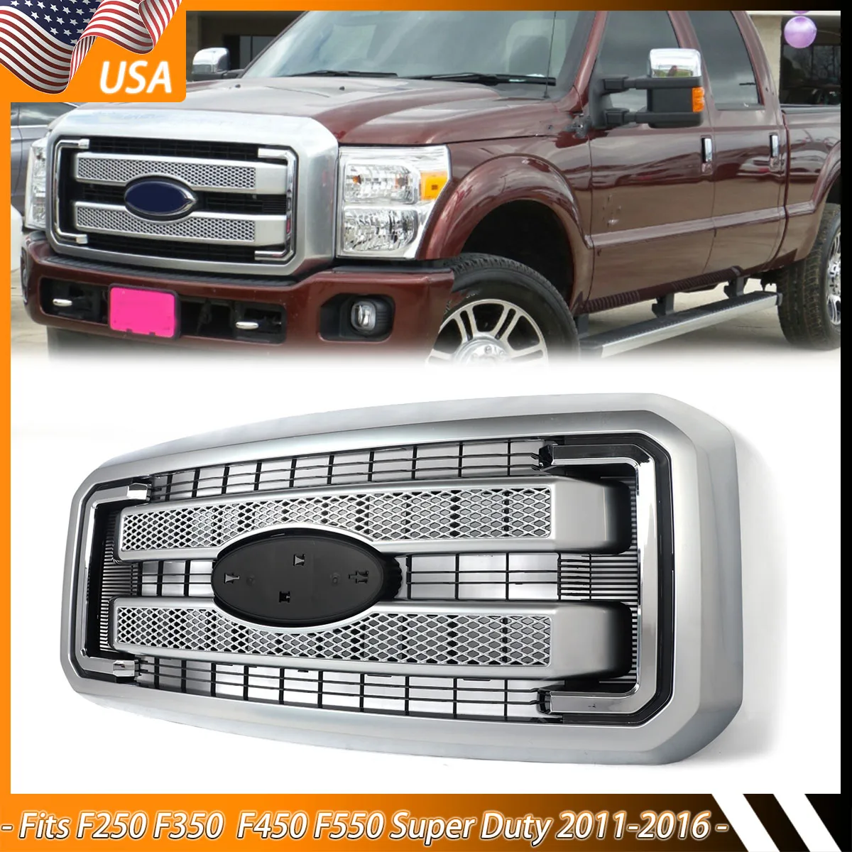 

Front Bumper Grille Satin Aluminum For Ford F250 F350 F450 Platinum Super Duty 2011-2016 Upper Grille Mid-net Air Inlet Grille