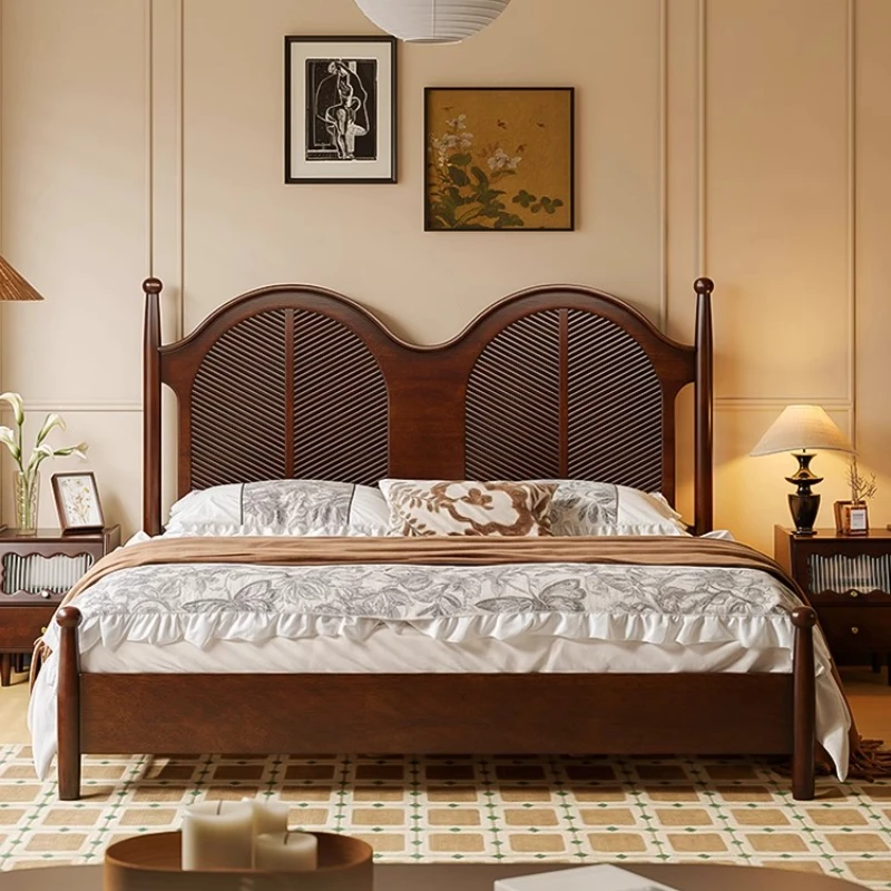

French retro solid wood bed, walnut 1.8 meters double bed, simple medium and ancient style 1.5 meters light luxury master